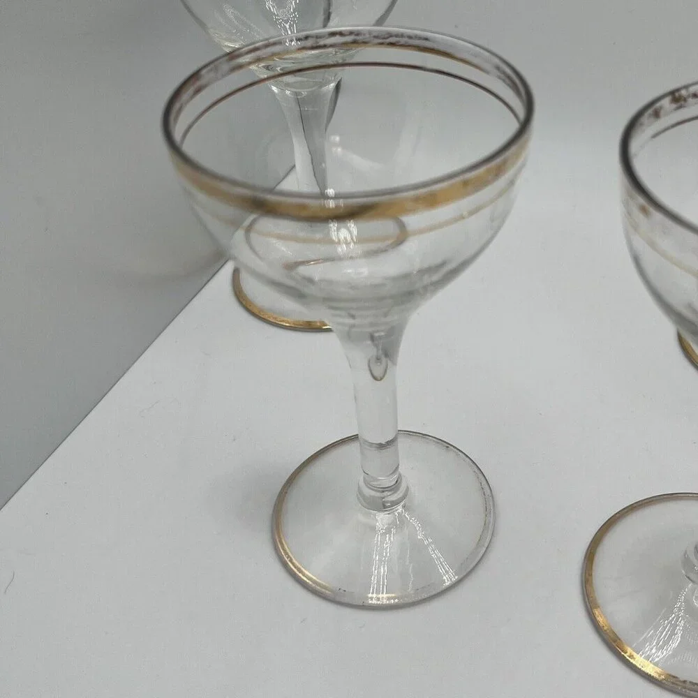 Vintage 60s MCM Glass Pitcher Brass Bottom With 6 Coupe Glasses W/ Gold Trim